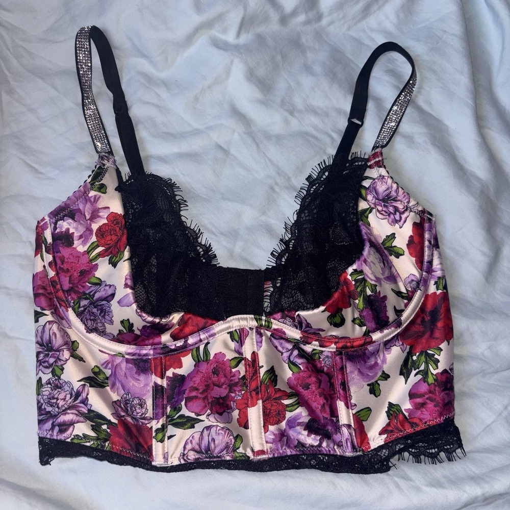 Victoria's Secret satin Floral rhinestone Strap quartered Cup Lace bra 32D